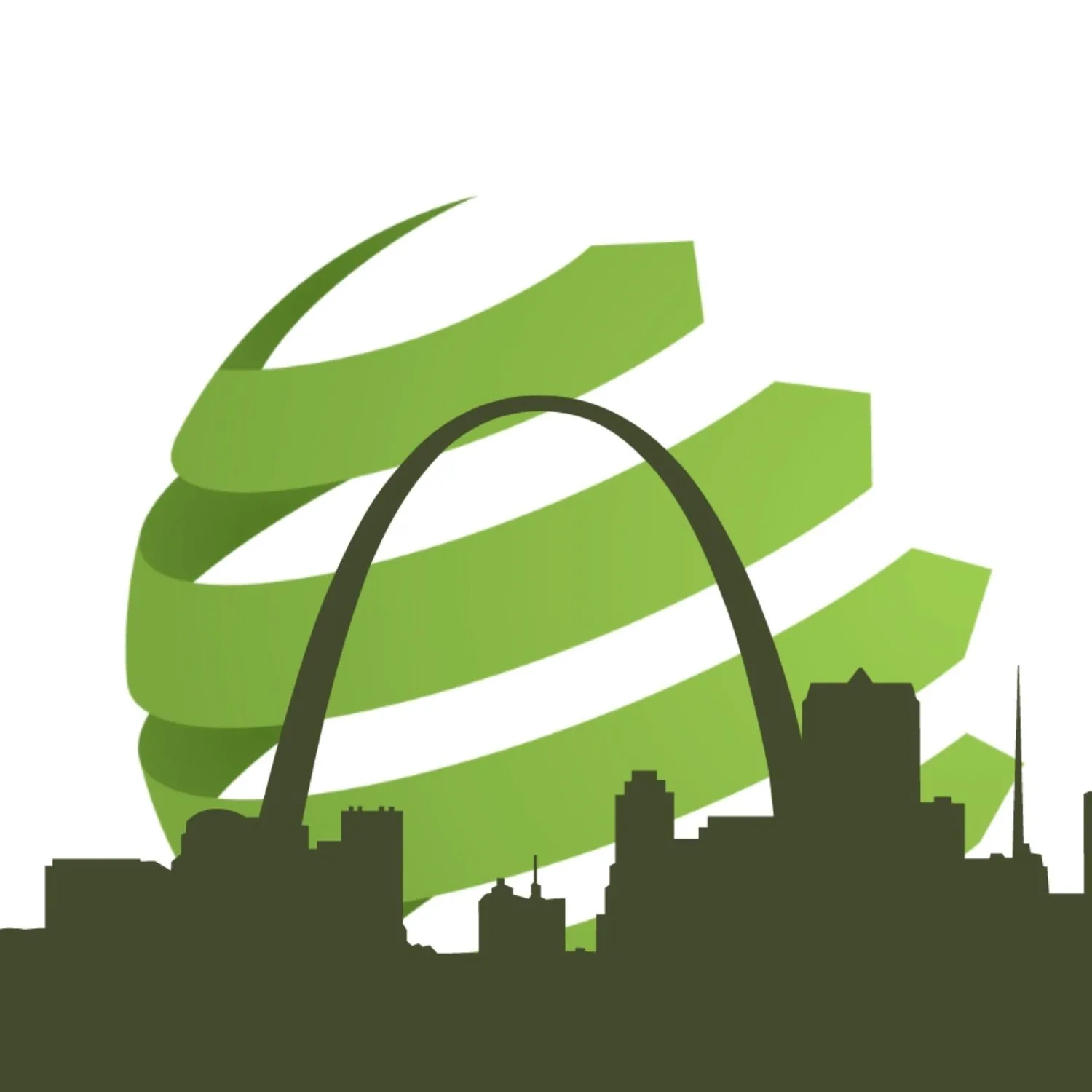 Saint Louis skyline and Gateway Arch in front of the 180 Degrees Consulting globe
